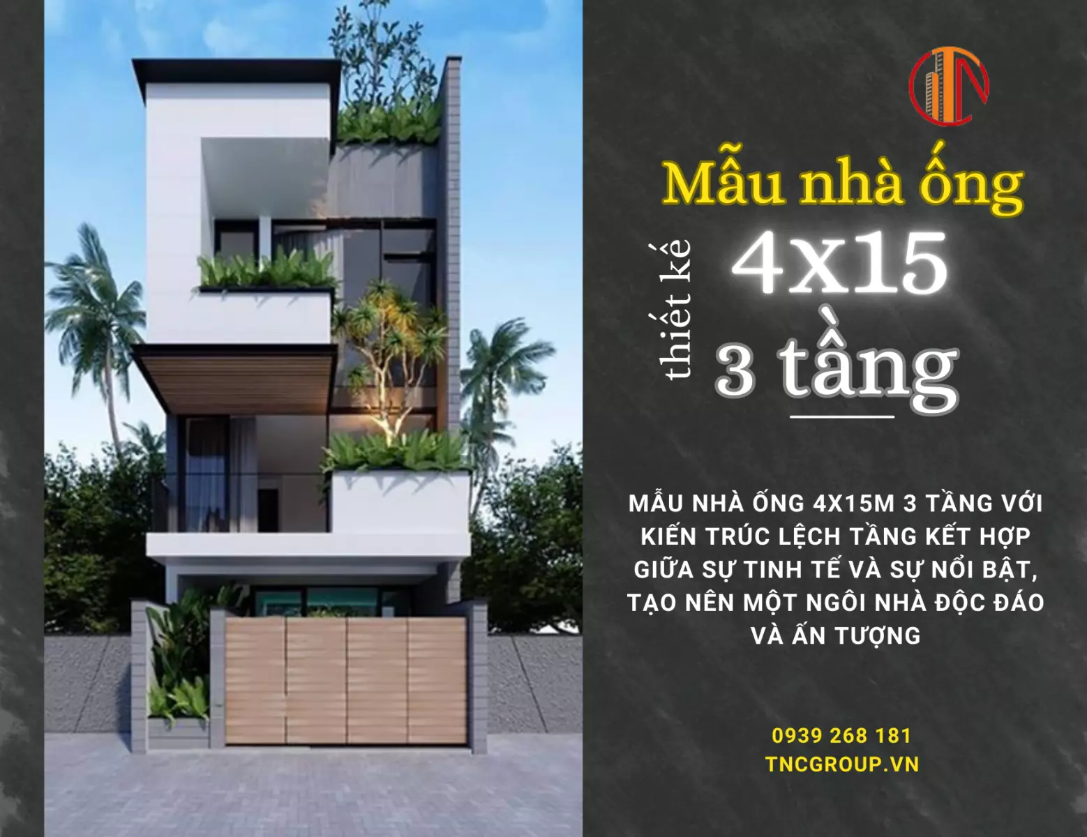 Mẫu nhà đẹp 4x15m 3 tầng với kiến trúc lệch tầng