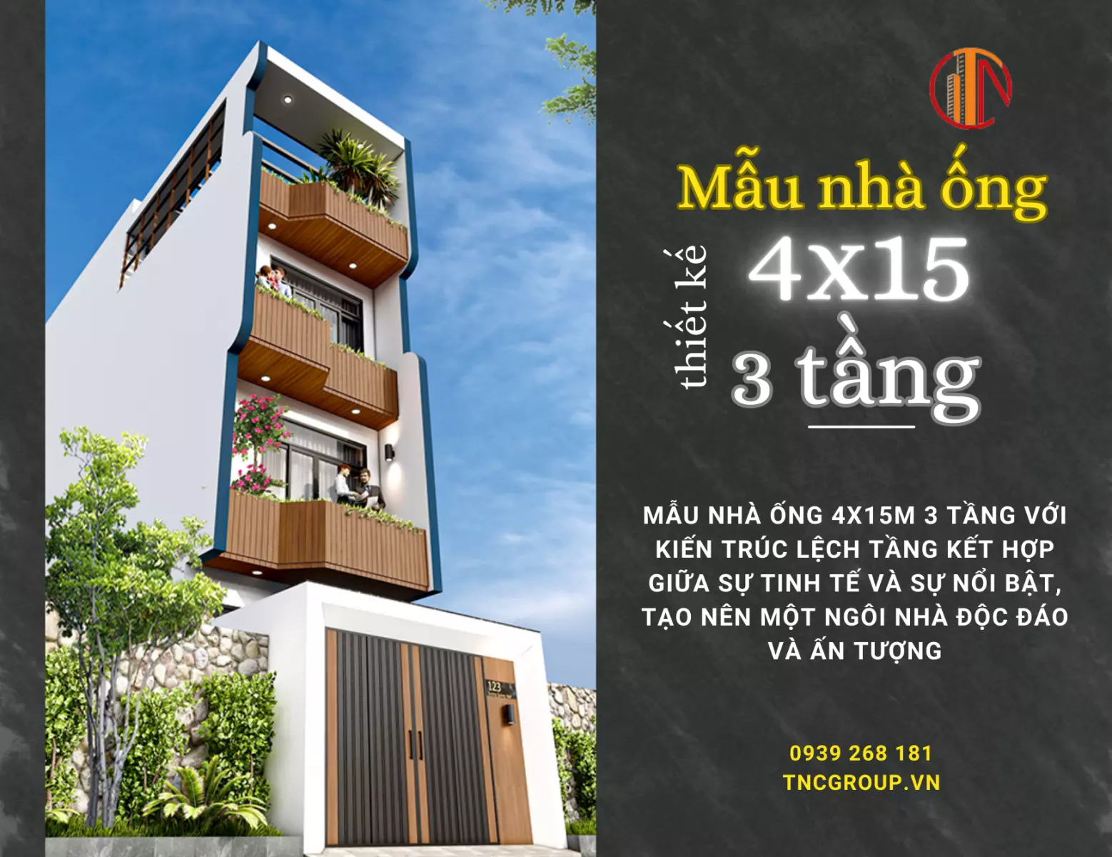 Mẫu nhà đẹp 4x15m 3 tầng với kiến trúc lệch tầng