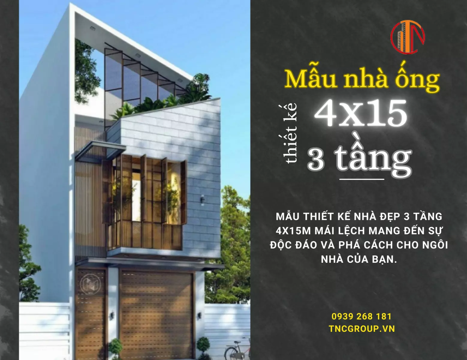 thiết kế nhà đẹp 3 tầng 4x15m mái lệch