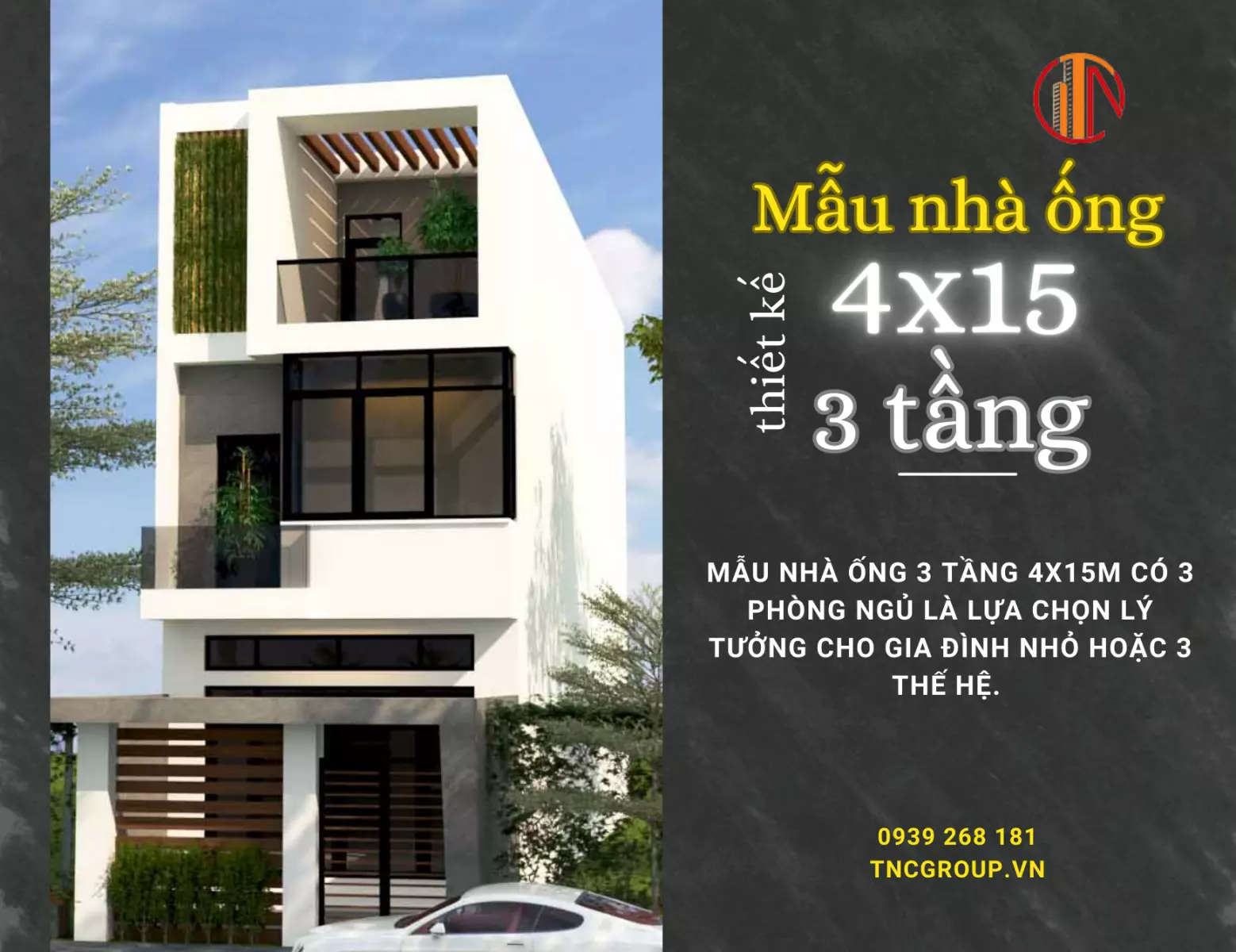 Mẫu nhà ống 3 tầng 4x15m có 3 phòng ngủ