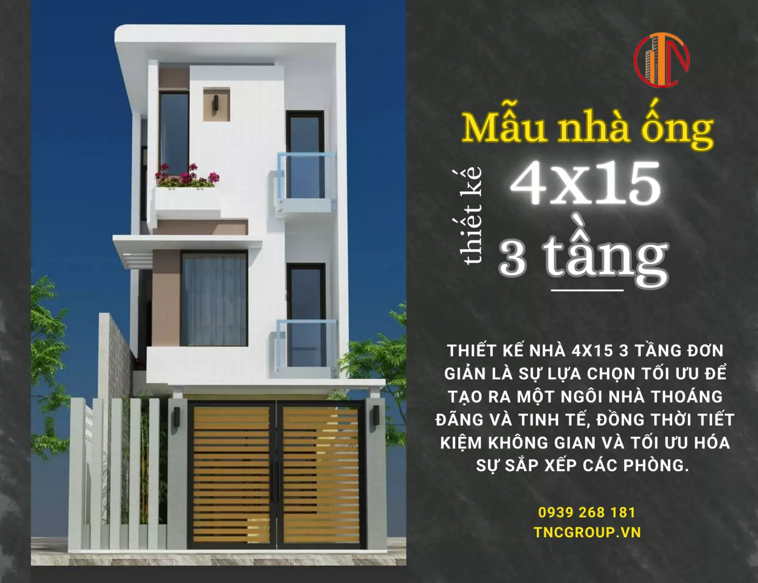 Thiết kế nhà 4×15 3 tầng đơn giản