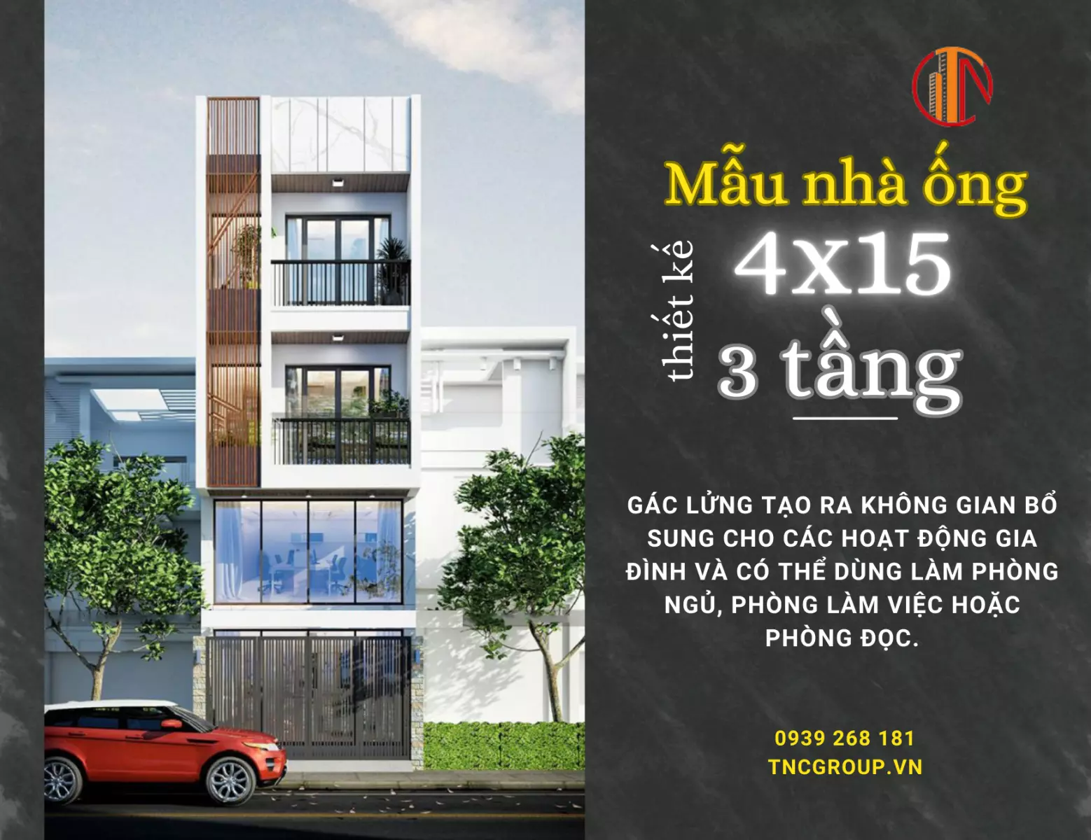 Mẫu nhà 4×15 3 tầng có cả tum và gác lửng